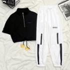Short-sleeve Half-zip Cropped T-shirt / Letter Embroidered Cargo Pants / Set