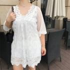 Set: Short-sleeve V-neck Embroidered Chiffon Dress + Slipdress