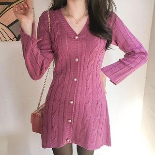 Faux-pearl Buttoned Cable-knit Dress