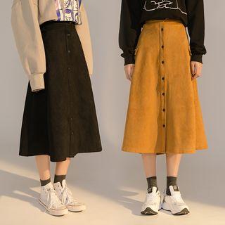 Buttoned A-line Midi Faux Suede Skirt