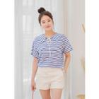 Short-sleeve Lace-up Front Striped Top