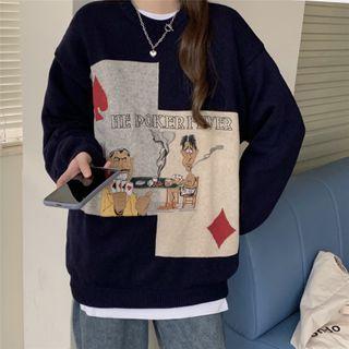 Poker Printed Knitted Sweater As Shown In Figure - One Size