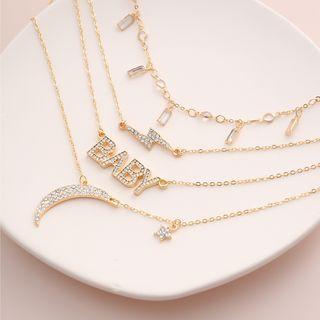 Rhinestone Moon Pendant Layered Choker Necklace 0656 - Gold - One Size