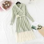 Set: Cable Knit Plain Dress + Mesh Midi Skirt