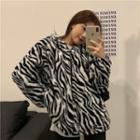 Zebra Print Zipped Hooded Furry Jacket Black & White - One Size