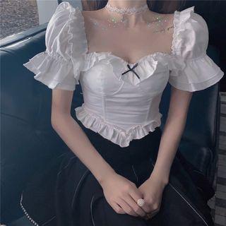 Ruffled Bell-sleeve Cropped Blouse White - One Size