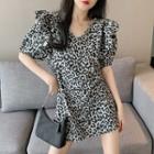 Short-sleeve Leopard Print Mini Dress Leopard - Gray - One Size