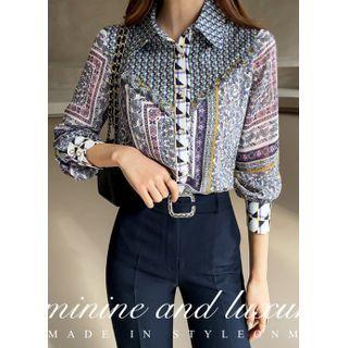 Frilled-trim Faux-pearl Patterned Blouse Navy Blue - One Size