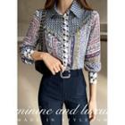 Frilled-trim Faux-pearl Patterned Blouse Navy Blue - One Size