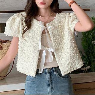 Puff-sleeve Bow Jacket Beige - One Size