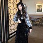 Set: Long-sleeve Gingham Top + Crinkled Velvet Skirt