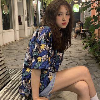 Short-sleeve Flower Print Shirt Blue - One Size