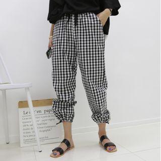 Band-waist Gingham Jogger Pants Black - One Size