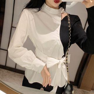 One-shoulder Two-tone Tie-waist Blouse White & Black - One Size