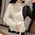 One-shoulder Two-tone Tie-waist Blouse White & Black - One Size