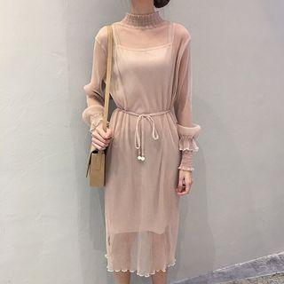 Set: Long-sleeve Sheer Dress + Slipdress