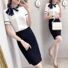 Bow Accent Short-sleeve Blouse / Pencil Skirt / Set