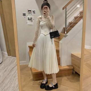 Long-sleeve Lace Mock-neck Top / Bow Camisole Top