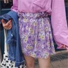 Paperbag-waist Floral Chiffon Miniskirt