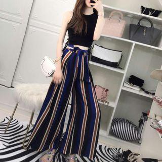 Set: Tank Top + Striped Slit Wide-leg Pants