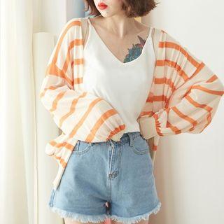 Drop Shoulder Puff Sleeve V-neck Stripe Cardigan