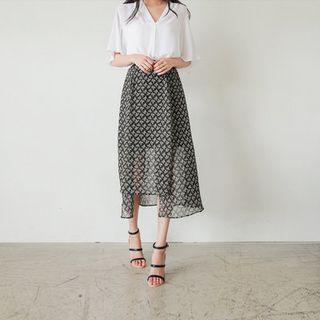 Cutout-hem Patterned Chiffon Long Skirt