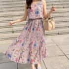 Sleeveless Pleated-hem Floral Print Dress