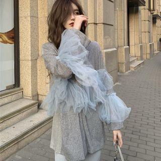 Mesh Trim Cardigan / Wide Leg Pants