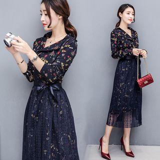 Set: Long-sleeve Floral Shirt Dress + Pleated Skirt