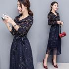 Set: Long-sleeve Floral Shirt Dress + Pleated Skirt