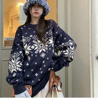 Pattern Round Neck Loose-fit Sweater Blue & Almond - One Size
