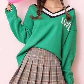 Contrast-trim V-neck Lettering Sweater