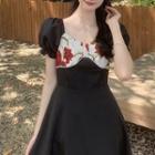 Short-sleeve Square-neck Floral Panel Dress