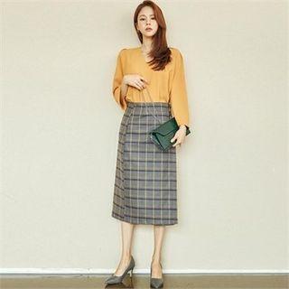 Button-trim Plaid Midi Skirt
