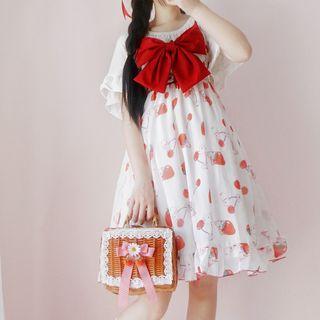 Short-sleeve Bow Accent Rabbit Print A-line Dress