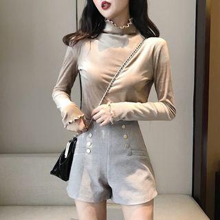 Mock Neck Frill Trim Plain Top / High-waist Shorts