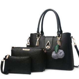 Set: Faux-leather Twist-lock Tote + Cross Bag + Pouch