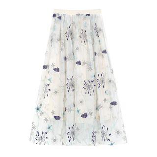 Embroidered Mesh A-line Skirt Almond White - One Size