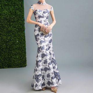 Short-sleeve Floral Mermaid Evening Gown