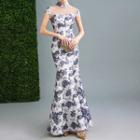 Short-sleeve Floral Mermaid Evening Gown