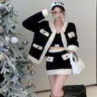 Two Tone Woolen Jacket / High-waist Two Tone Mini Skirt