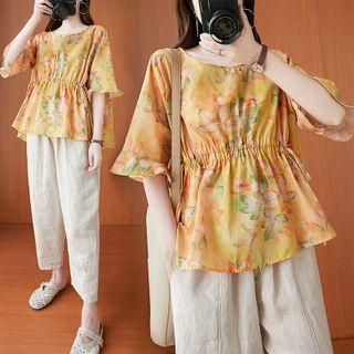 Short-sleeve Flower Print Drawstring Blouse Yellow - One Size