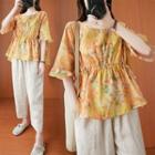 Short-sleeve Flower Print Drawstring Blouse Yellow - One Size