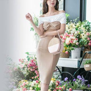 Mock Two-piece Short-sleeve Front Knotted Sheath Dress