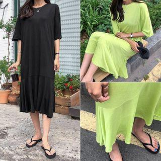 Drop-shoulder Ruffle-hem Silky Midi Dress