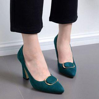 Pointy Chunky Heel Buckled Pumps