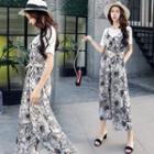 Set: Short-sleeve T-shirt + Floral Print Spaghetti Strap Dungaree
