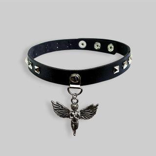 Angel Studded Choker Black & Dark Silver - One Size
