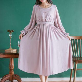 Embroidered Long-sleeve Crewneck Chiffon Dress