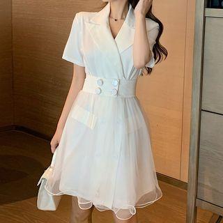 Short-sleeve Mesh Overlay Mini A-line Blazer Dress